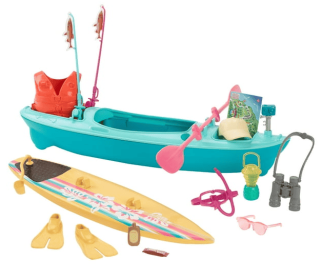 Barbie World Kayak & Surf Playset with 17 Camping Accessories Including Kayak Boat, Surfboard & More, Multicolor, 12.17 in