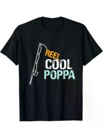 Reel Cool Poppa Graphic T-Shirt - 100% Cotton, Black Casual Tee with Fishing Design, Perfect Gift for Granddaughter or Grandson