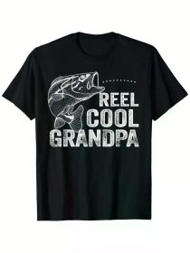 Reel Cool Grandpa" Men's Fishing Graphic Cotton T-Shirt - Casual Crew Neck, Short Sleeve, Black, Sizes S-XXXL, All-