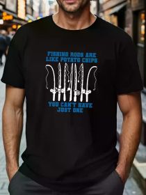 Plus Size Fishing Rod Graphic T-Shirt, 100% Cotton, Crew Neck, Short Sleeve, Regular Fit, Breathable, Moisture-Wicking